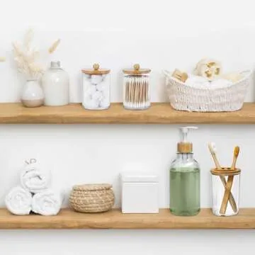 SGHUO 4pcs Boho Bathroom Decor, Bamboo Bathroom Container Accessories Set, Soap Dispenser, Toothbrush Holder, 2 Qtip Holder Jars, Boho Rustic Bathroom Decor