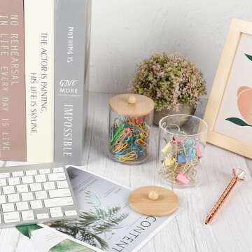 SGHUO 4pcs Boho Bathroom Decor, Bamboo Bathroom Container Accessories Set, Soap Dispenser, Toothbrush Holder, 2 Qtip Holder Jars, Boho Rustic Bathroom Decor