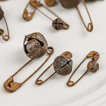 Factory Direct Craft Primitive Rusty Tin Safety Pins and Jingle Bells Set - 36 Pack