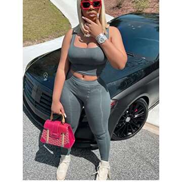 AYWA Casual Workout Sets Two Piece Outfits for Women Ribbed Crop Tank Top High Waist Leggings Active Wear (Grey, Medium)