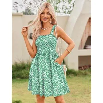 HOTOUCH Women's Summer Casual Sleeveless Square Neck Strappy Split Dress Short Floral Cami Mini Dresses with Pocket