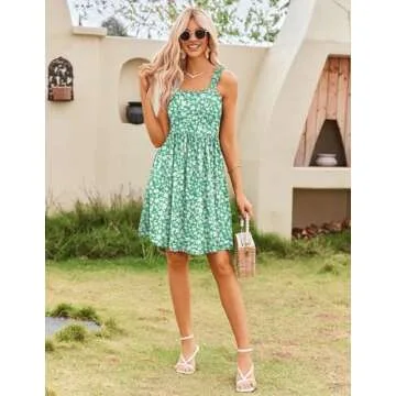 HOTOUCH Women's Summer Casual Sleeveless Square Neck Strappy Split Dress Short Floral Cami Mini Dresses with Pocket