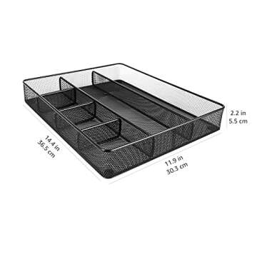 Amazon Basics Desk Drawer Organizer for Office and Home, Metal Mesh, Anti-Slip, 6 Compartments, Black