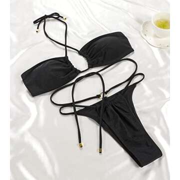 Women Cheeky Bikini Set Halter Thong Solid Color Adjustable Cinched String Two Piece Brazilian Swimsuit Triangle Bathing