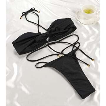 Women Cheeky Bikini Set Halter Thong Solid Color Adjustable Cinched String Two Piece Brazilian Swimsuit Triangle Bathing