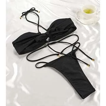 Women Cheeky Bikini Set Halter Thong Solid Color Adjustable Cinched String Two Piece Brazilian Swimsuit Triangle Bathing