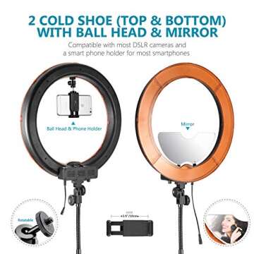 Neewer LED Ring Light 18-inch Outer Diameter with Top/Bottom Dual Hot Shoe, Mirror, Smartphone Holder, Light Stand, Soft Tube, Color Filter for Makeup Facial Beauty Portrait Video Shooting(US Plug)
