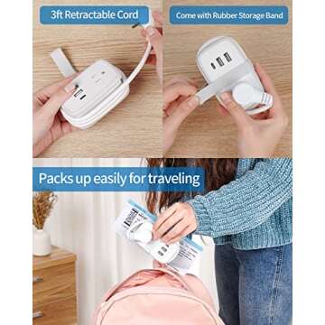 USB C Travel Power Strip, NTONPOWER Flat Plug Power Strip with 3ft Wrapped Around Extension Cord, 2 Outlets 3 USB Ports(1 USB-C) Cruise Ship Approved, Compact for Hotel, Travel Essentials Must Have