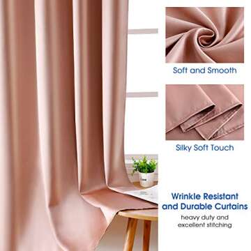 HOMEIDEAS 2 Panels Blush Pink Faux Silk Blackout Curtains, 52 X 108 Inch Room Darkening Satin Therma...