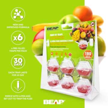 BEAPCO Premium Fruit Fly Traps for Indoors - 180 Days Supply - New and Improved Formula for Indoor Gnat Trap - Easy to use - Food Based Fly Trap Bait, Lure, Catcher, Fruit Flies, 6-Pack