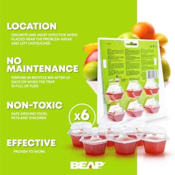 BEAPCO Premium Fruit Fly Traps for Indoors - 180 Days Supply - New and Improved Formula for Indoor Gnat Trap - Easy to use - Food Based Fly Trap Bait, Lure, Catcher, Fruit Flies, 6-Pack