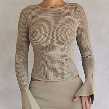 Women Hollow Out Knit Casual T-Shirts Solid Ribbed Slim Fit Pullovers Tops Streetwear