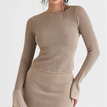 Women Hollow Out Knit Casual T-Shirts Solid Ribbed Slim Fit Pullovers Tops Streetwear
