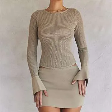 Women Hollow Out Knit Casual T-Shirts Solid Ribbed Slim Fit Pullovers Tops Streetwear