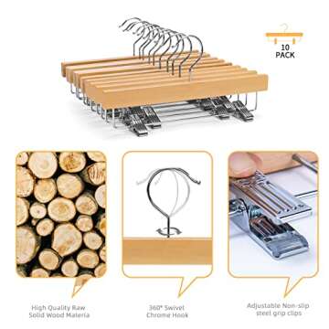 Nature Smile 11.8'' Kids Baby Toddler Children Solid Wooden Pants Hangers,Wood Skirts Hangers,Trousers Bottom Hangers with 2-Adjustable Clips Anti-Rust Hook Pack of 10 (Natural)