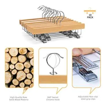 Nature Smile 11.8'' Kids Baby Toddler Children Solid Wooden Pants Hangers,Wood Skirts Hangers,Trousers Bottom Hangers with 2-Adjustable Clips Anti-Rust Hook Pack of 10 (Natural)