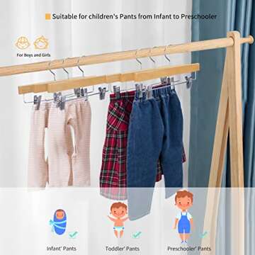 Nature Smile 11.8'' Kids Baby Toddler Children Solid Wooden Pants Hangers,Wood Skirts Hangers,Trousers Bottom Hangers with 2-Adjustable Clips Anti-Rust Hook Pack of 10 (Natural)