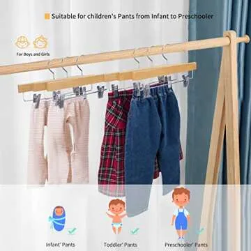 Nature Smile 11.8'' Kids Baby Toddler Children Solid Wooden Pants Hangers,Wood Skirts Hangers,Trousers Bottom Hangers with 2-Adjustable Clips Anti-Rust Hook Pack of 10 (Natural)
