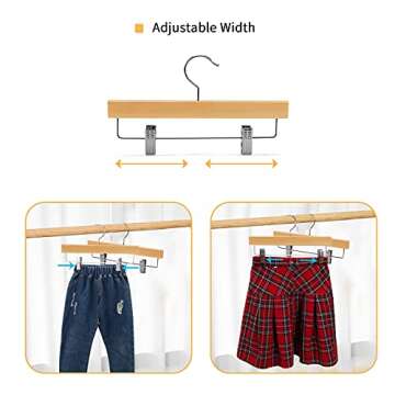 Nature Smile 11.8'' Kids Baby Toddler Children Solid Wooden Pants Hangers,Wood Skirts Hangers,Trousers Bottom Hangers with 2-Adjustable Clips Anti-Rust Hook Pack of 10 (Natural)