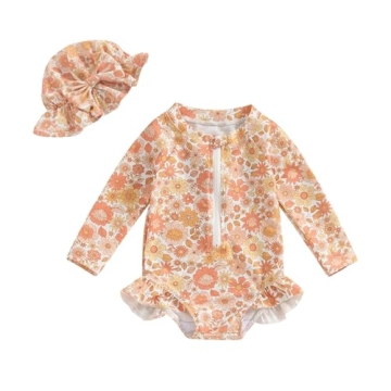 MERSARIPHY Baby Girl One-Piece Swimsuit Rash Guard Toddler Infant Zipper Long Sleeve Swimwear+Hat Ba...