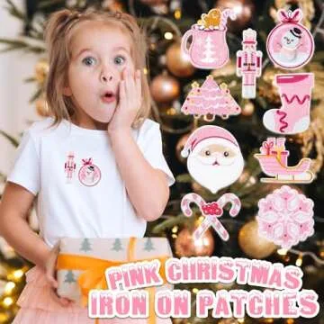 9 Pink Christmas Iron on Patches for Festive DIY Crafts