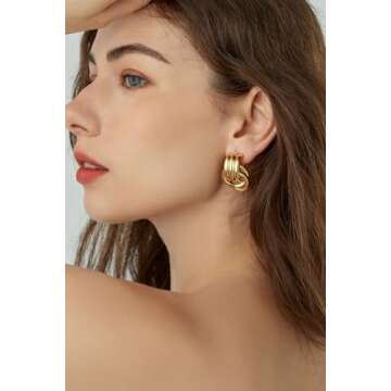 Chunky Gold Knot Dangle Earrings for Women, Statement, Lightweight and Hypoallergenic(Medium-Gold)