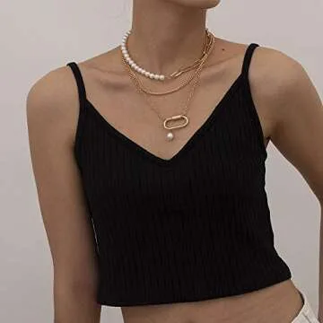 Denifery Bohemia Layered Choker Necklace Pearl Necklace Charm Pendant Choker Chunky Link Chain Dancing Party Travel Costume Jewelry for Women (Gold A)