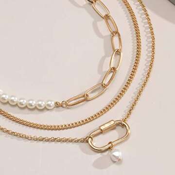 Denifery Bohemia Layered Choker Necklace Pearl Necklace Charm Pendant Choker Chunky Link Chain Dancing Party Travel Costume Jewelry for Women (Gold A)