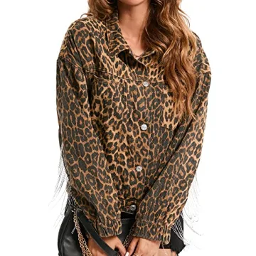 Leopard Print Denim Jacket for Women - Retro Button-Up Design