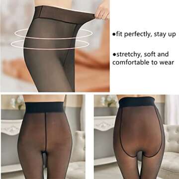 AMOVO Women's Winter Tights Fleece Lined Pantyhose Opaque Warm Sheer Tights Thicken Fake Translucent Tights Control Top (Black, Thin 85g)