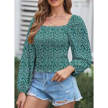 EVALESS Womens Tops Off The Shoulder Green Blouses for Women Sexy Casual Bell Sleeve Clothes Spring Fashion 2024 Elegant Square Neck Holiday Outfits for Women Business Casual Western Shirts, X-Large