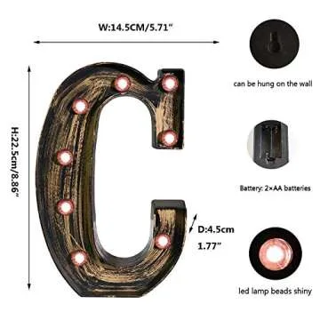 OYCBUZO Golden Black Led Marquee Letter - Industrial, Vintage Style Light Up Alphabet Letter Sign for Cafe Wedding Birthday Party Christmas Lamp Home Bar Initials Decor - C