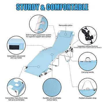 Heavy Duty Tanning Chair with Face Hole Adjustable 5-Position Folding Chaise Lounge Chairs for Outside Portable Lay Flat for Beach, Outdoor Sunbathing Patio Pool Lawn Camping Deck Poolside