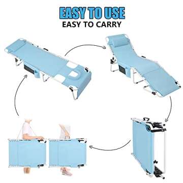 Heavy Duty Tanning Chair with Face Hole Adjustable 5-Position Folding Chaise Lounge Chairs for Outside Portable Lay Flat for Beach, Outdoor Sunbathing Patio Pool Lawn Camping Deck Poolside