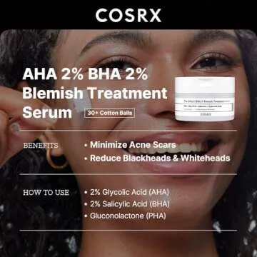 COSRX AHA 2% BHA 2% Blemish Treatment Serum, 60+ Pure Cotton Balls, Quick & Easy Daily Spot Treatmen...