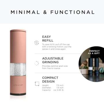 LARS NYSØM Salt and Pepper Grinder Set 2 pieces I Salt Pepper Mill with Adjustable Ceramic Grinder I Design Spice Grinder Set Manual (Blush Rose)