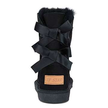 TF STAR Sheepskin Fur Lining Winter Warm Boots for Women & Ladies, Women's Mid Calf Leather Short Fashion Bow Snow Boots Black 10