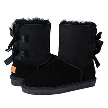 TF STAR Sheepskin Fur Lining Winter Warm Boots for Women & Ladies, Women's Mid Calf Leather Short Fashion Bow Snow Boots Black 10