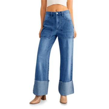 PLNOTME Womens Baggy Cuffed Jeans Casual Straight Leg Boyfriend Denim Pants with Pockets Blue