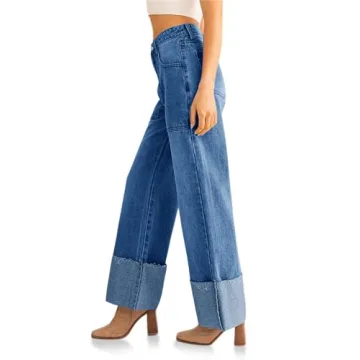 PLNOTME Womens Baggy Cuffed Jeans Casual Straight Leg Boyfriend Denim Pants with Pockets Blue
