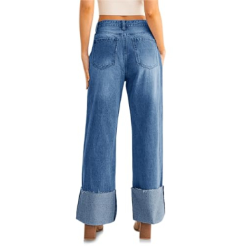 PLNOTME Womens Baggy Cuffed Jeans Casual Straight Leg Boyfriend Denim Pants with Pockets Blue