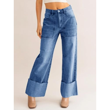 PLNOTME Womens Baggy Cuffed Jeans Casual Straight Leg Boyfriend Denim Pants with Pockets Blue