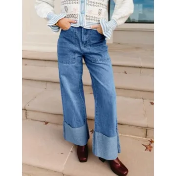 PLNOTME Womens Baggy Cuffed Jeans Casual Straight Leg Boyfriend Denim Pants with Pockets Blue