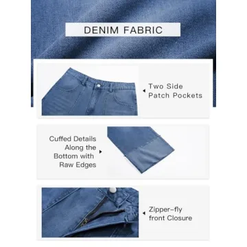 PLNOTME Womens Baggy Cuffed Jeans Casual Straight Leg Boyfriend Denim Pants with Pockets Blue