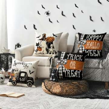 AVOIN colorlife Happy Halloween Ghost Bat Throw Pillow Covers, 18 x 18 Inch Trick or Treat Stripe Tr...