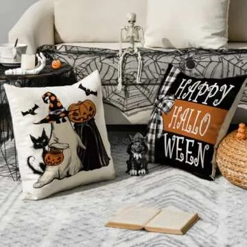 AVOIN colorlife Happy Halloween Ghost Bat Throw Pillow Covers, 18 x 18 Inch Trick or Treat Stripe Truck Pumpkin Spooky Cushion Case Decoration for Sofa Couch Set of 4