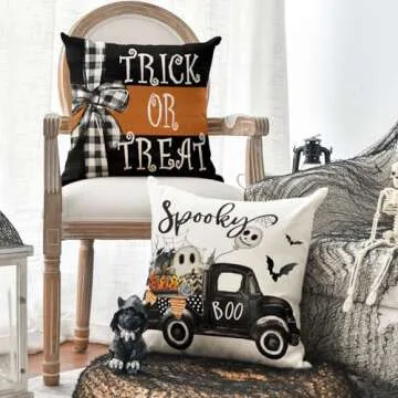 AVOIN colorlife Happy Halloween Ghost Bat Throw Pillow Covers, 18 x 18 Inch Trick or Treat Stripe Truck Pumpkin Spooky Cushion Case Decoration for Sofa Couch Set of 4