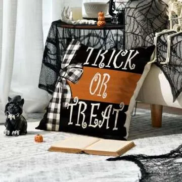 AVOIN colorlife Happy Halloween Ghost Bat Throw Pillow Covers, 18 x 18 Inch Trick or Treat Stripe Truck Pumpkin Spooky Cushion Case Decoration for Sofa Couch Set of 4