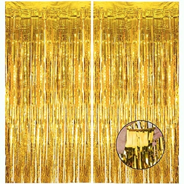 Foil Fringe Curtains, HDLJD 3.2ft X 9.8ft Shiny Gold Metallic Foil Fringe Door Window Curtain Tinsel...
