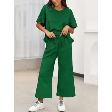 YKR Lounge Sets for Women 2 Piece Outfits Knit Short Sleeve Pullover Tops and Wide Leg Pants Summer ...